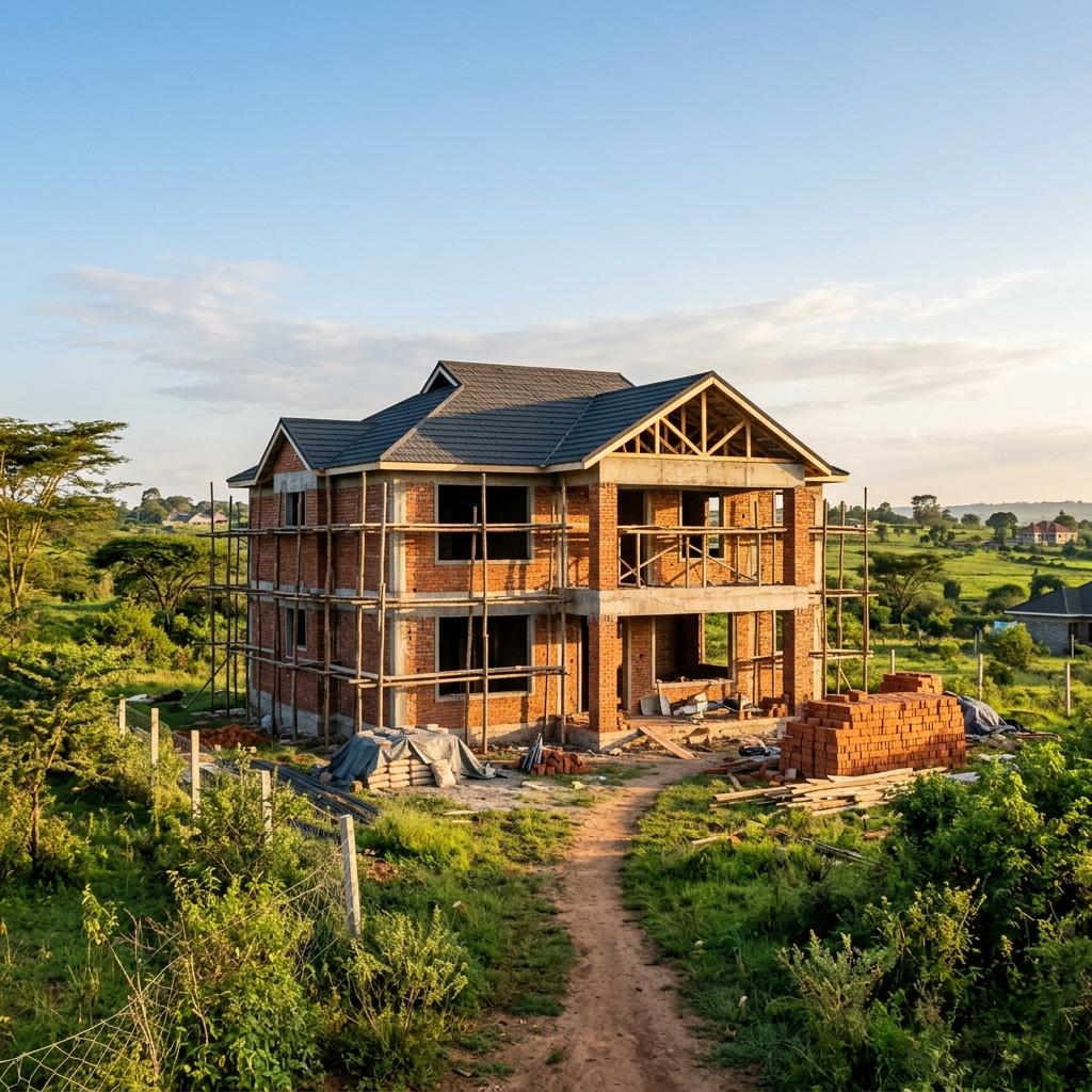 A residential home under construction in Kenya with organized red brick walls and clear progress milestones